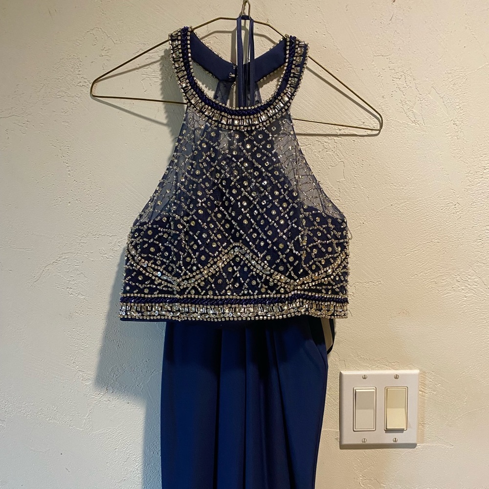 Blue two piece prom dress.